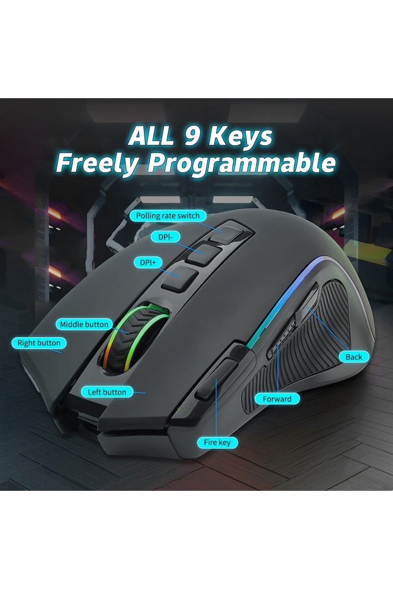 Wireless Gaming Mouse RGB 9 Programmable Buttons 